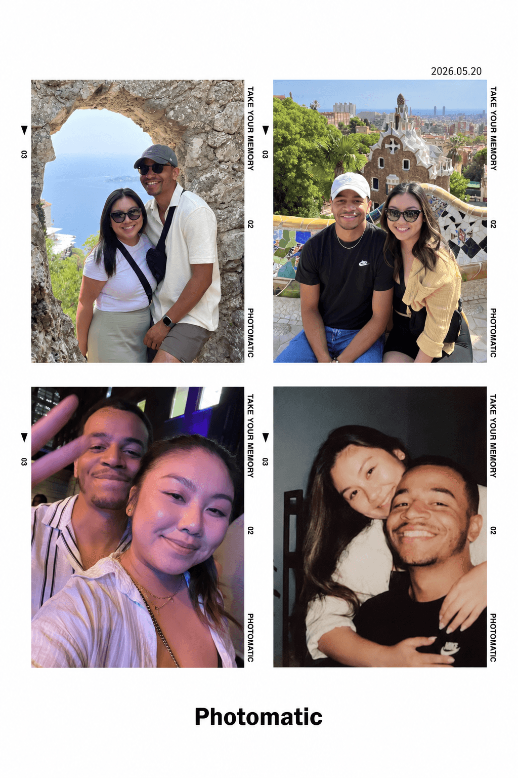 A collage of four photos of Sheena and Stéphane together: at a stone arch above the sea, in Park Güell in Barcelona, and in two close-up selfies