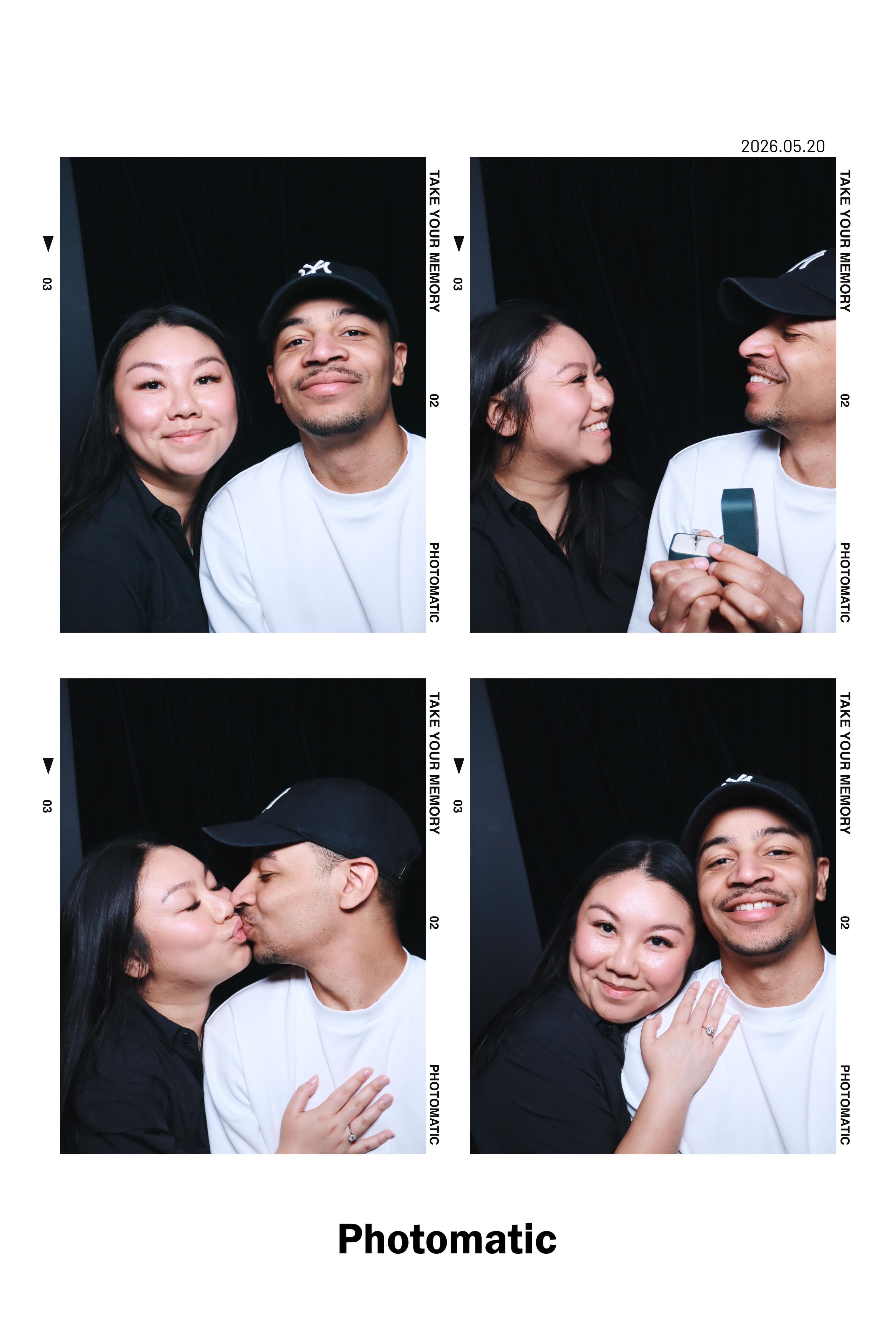 A photo-booth strip of Sheena and Stéphane on the day they got engaged, with the ring